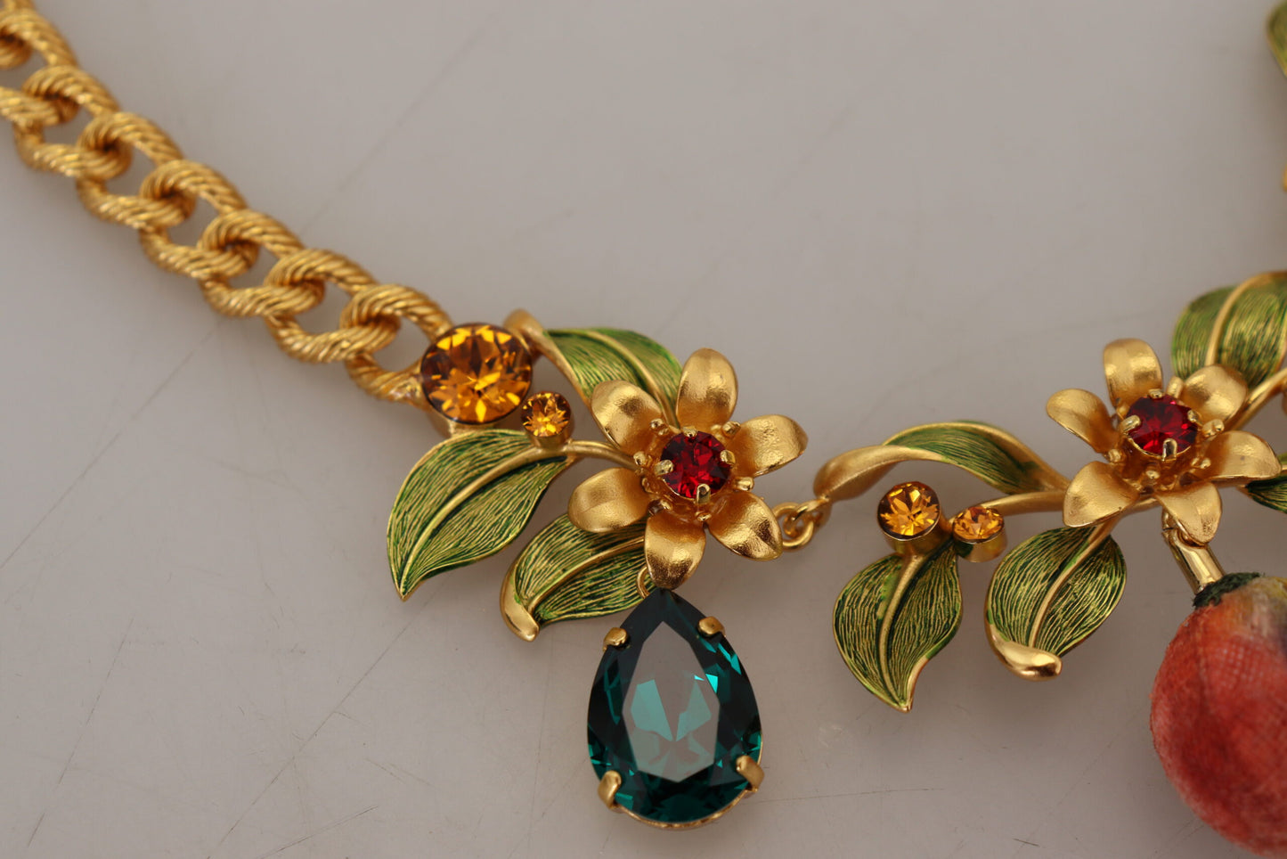 Dolce & Gabbana Gold Brass Crystal Logo Fruit Floral Statement Necklace