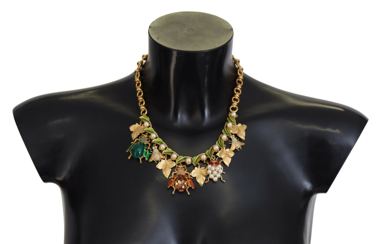 Dolce & Gabbana Gold Brass Crystal Logo Bug Floral Statement Necklace