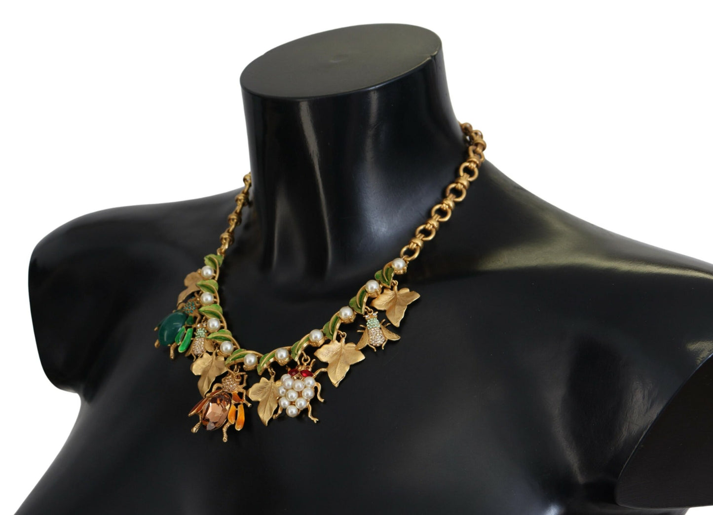 Dolce & Gabbana Gold Brass Crystal Logo Bug Floral Statement Necklace