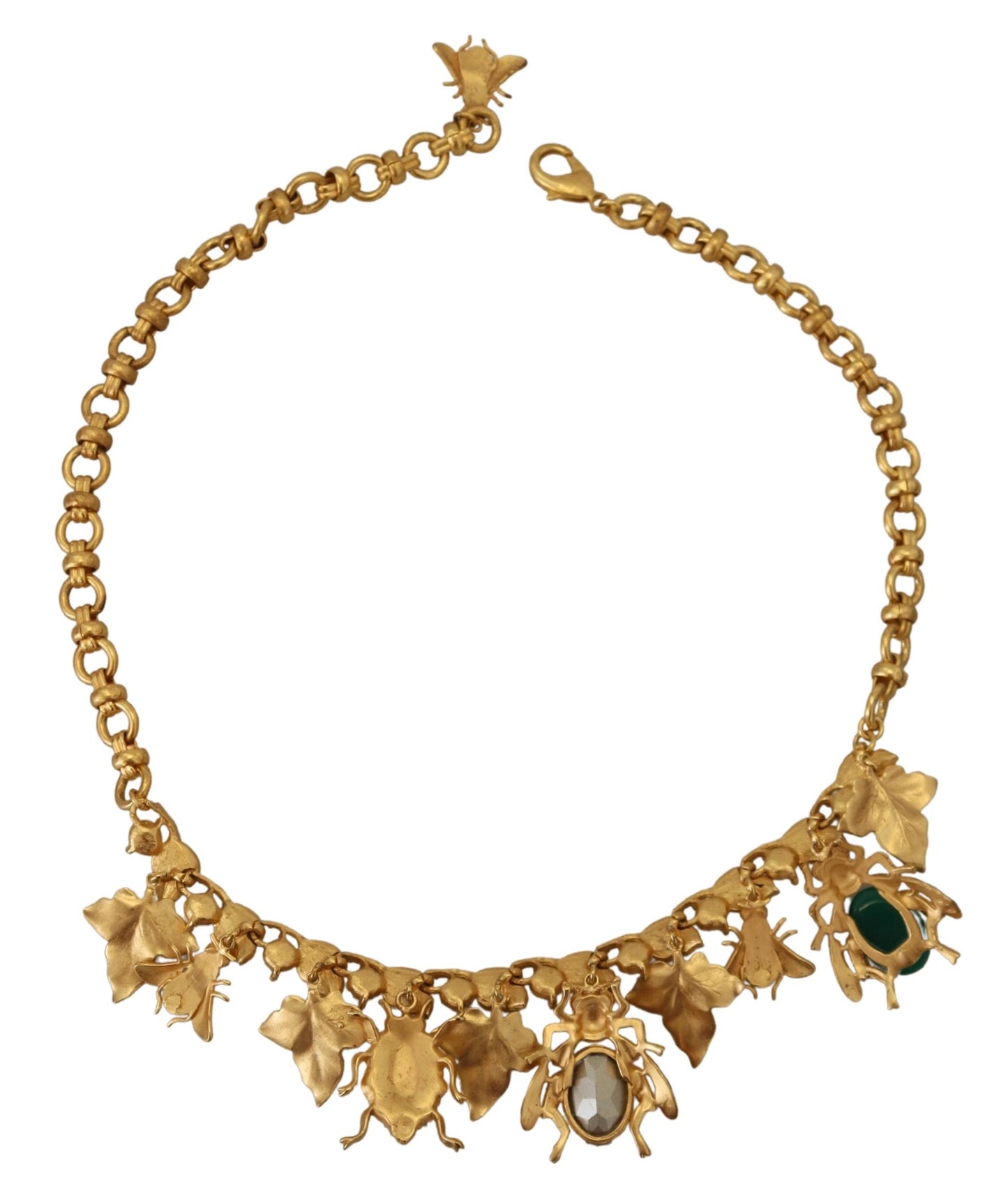 Dolce & Gabbana Gold Brass Crystal Logo Bug Floral Statement Necklace