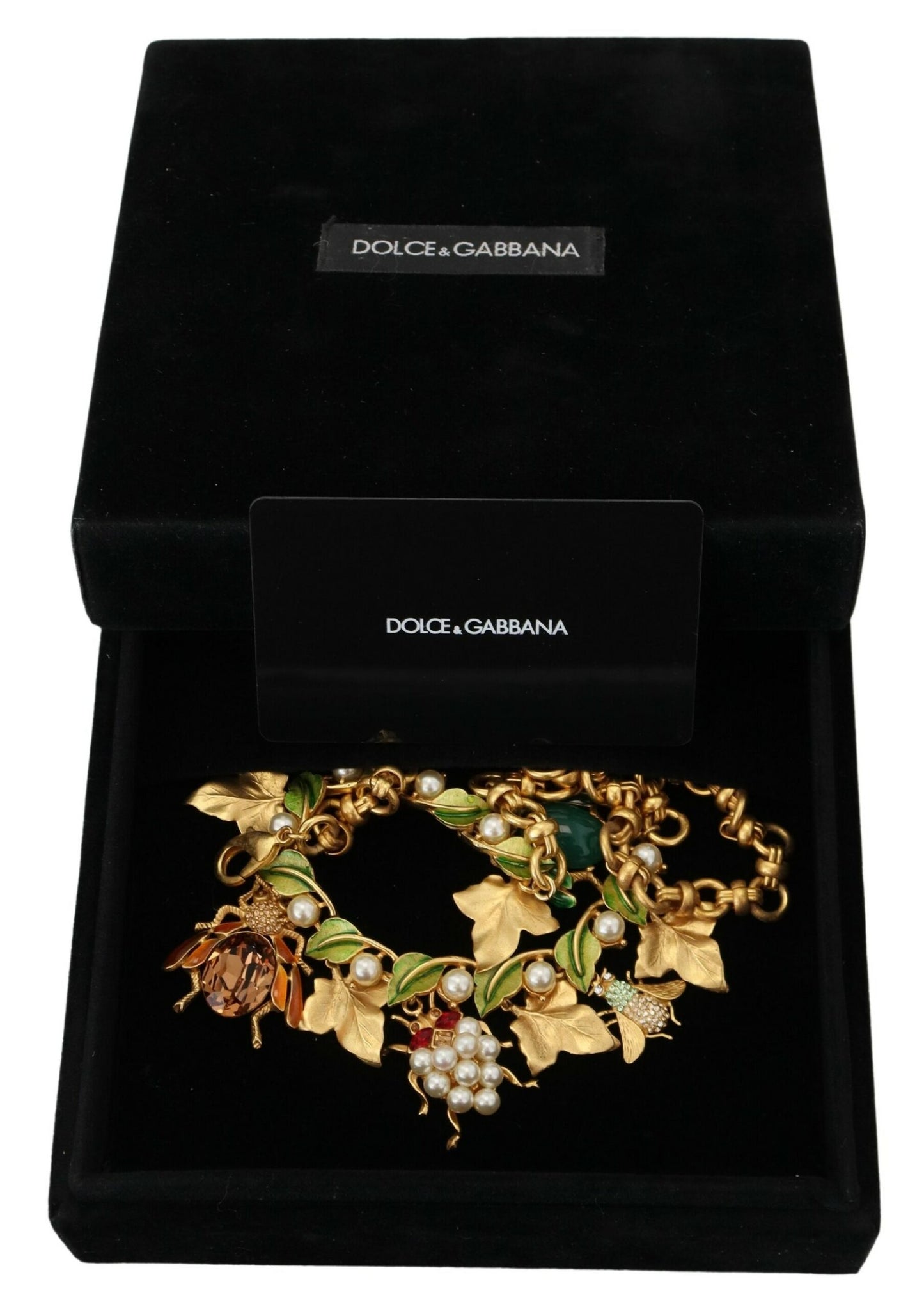 Dolce & Gabbana Gold Brass Crystal Logo Bug Floral Statement Necklace