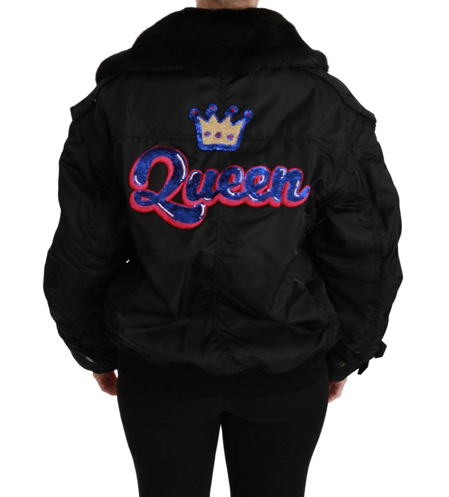 Dolce & Gabbana Black Queen Crown Sequined Bomber Jacket