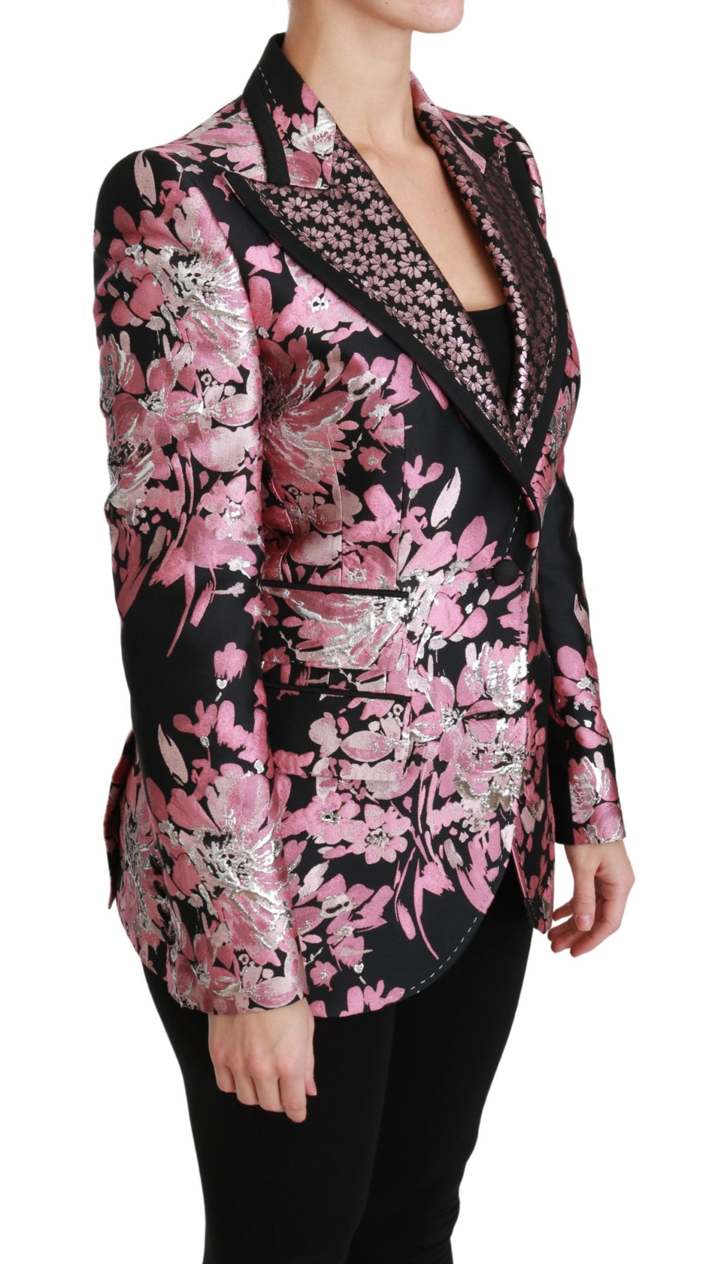 Dolce & Gabbana Black Pink Jacquard Slim Fit Blazer