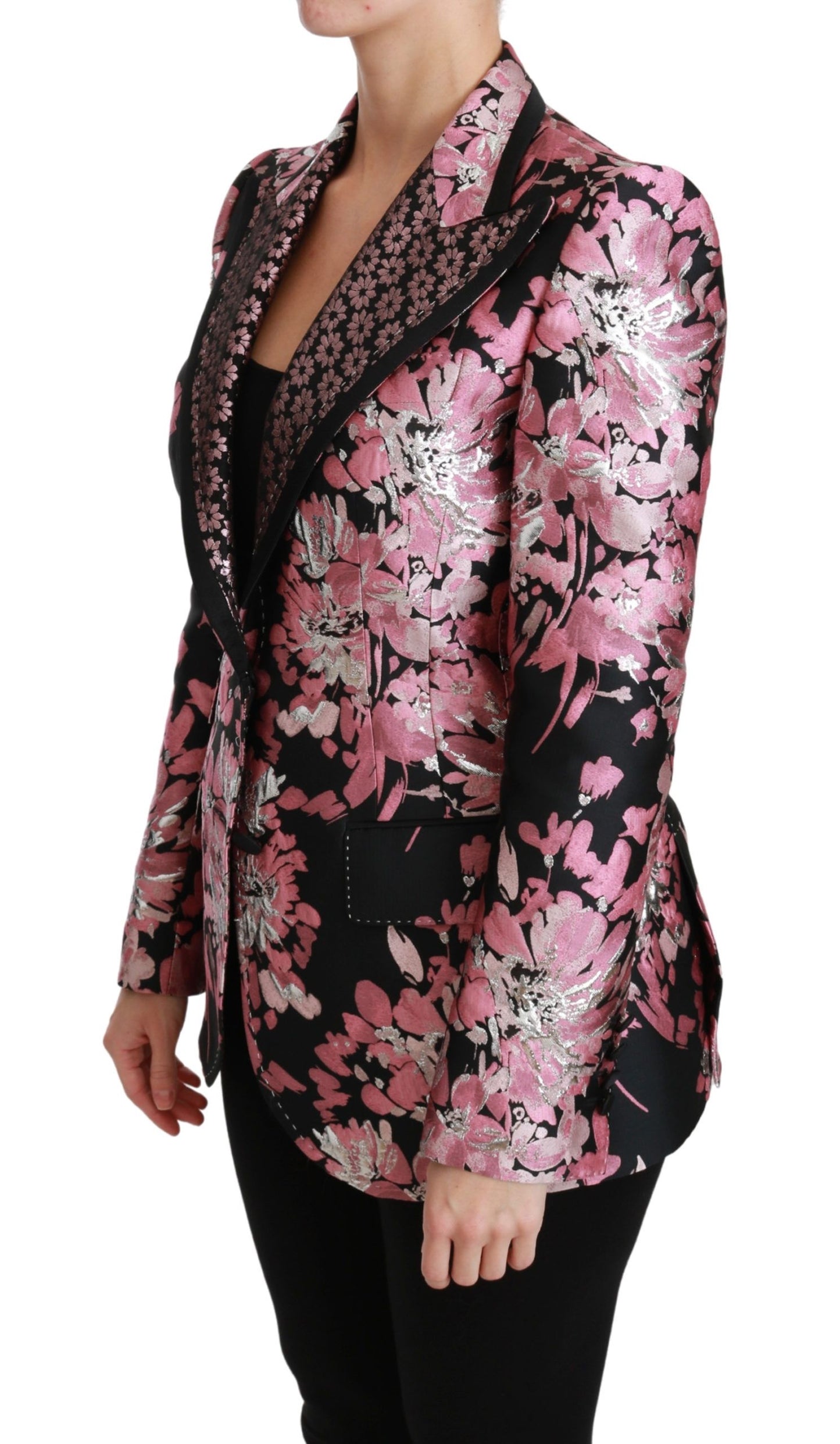 Dolce & Gabbana Black Pink Jacquard Slim Fit Blazer