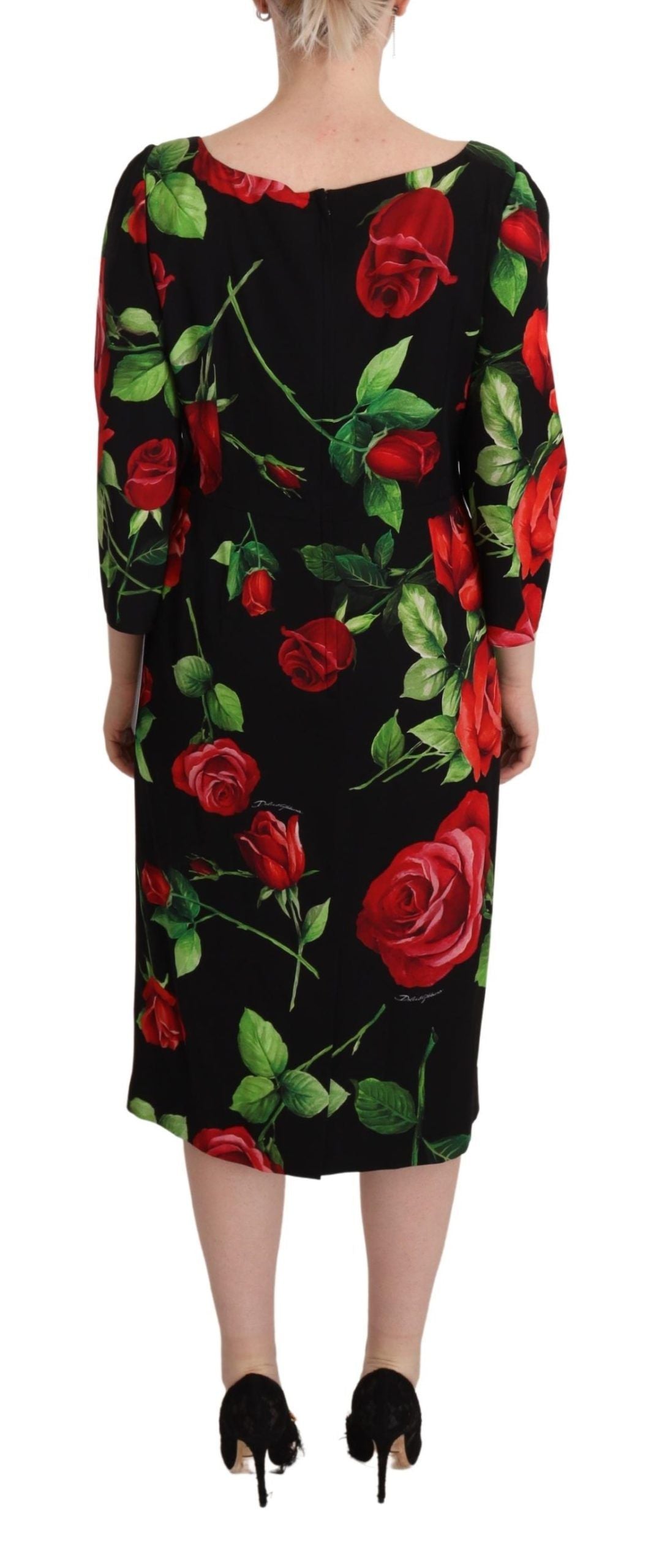 Dolce & Gabbana Black Red Roses Sheath Stretch Silk Dress