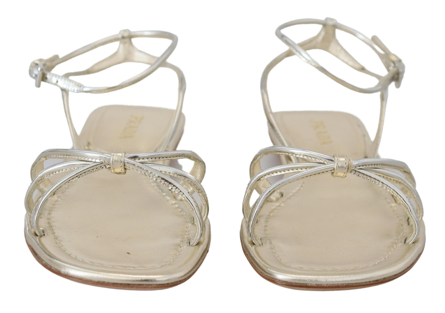 Prada Metallic Silver Leather Sandals Ankle Strap Flats Shoes