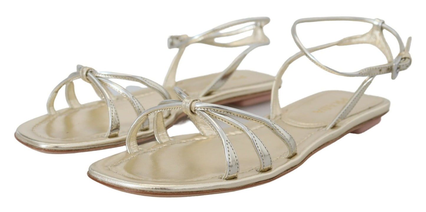 Prada Metallic Silver Leather Sandals Ankle Strap Flats Shoes