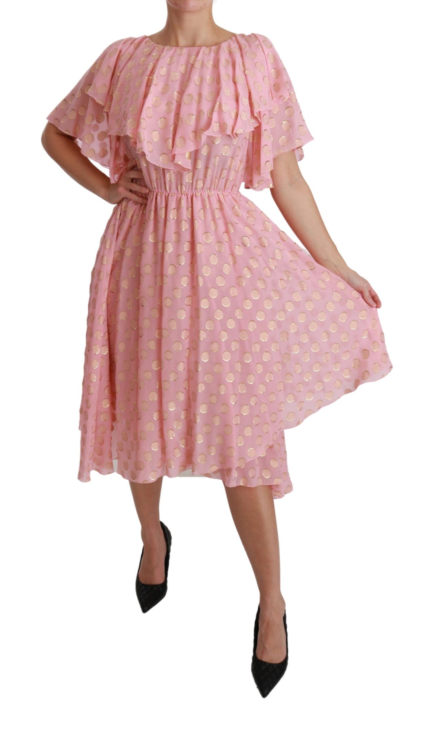 Dolce & Gabbana Silk Pink Polka Dots Pleated A-line Midi Dress