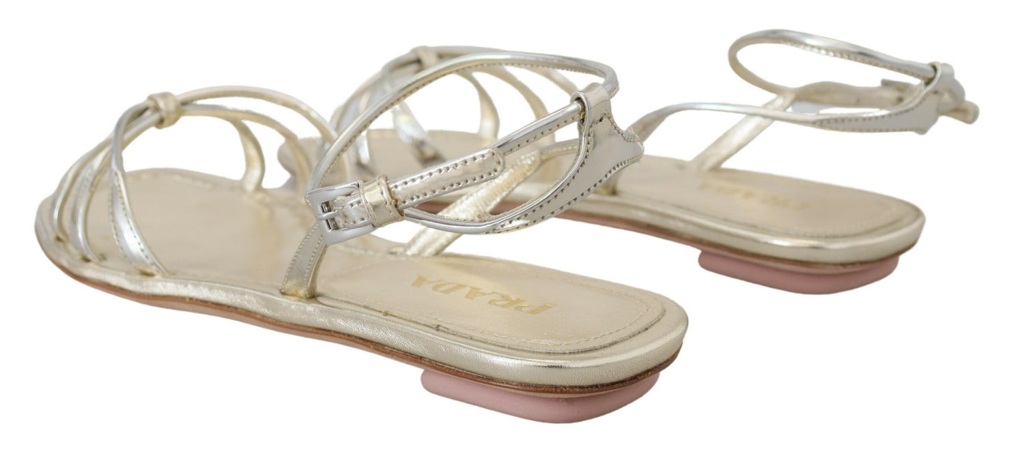 Prada Metallic Silver Leather Sandals Ankle Strap Flats Shoes