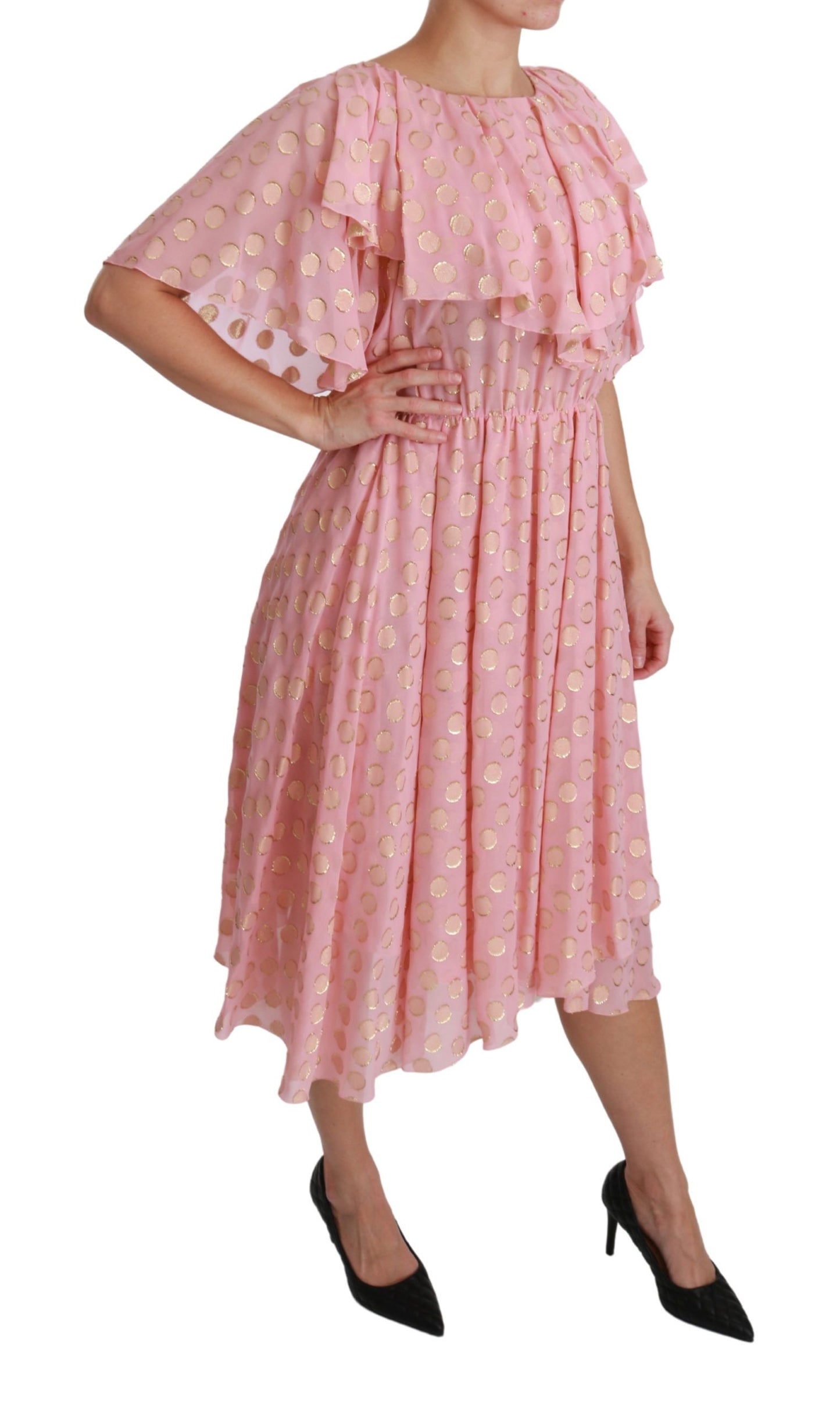 Dolce & Gabbana Silk Pink Polka Dots Pleated A-line Midi Dress