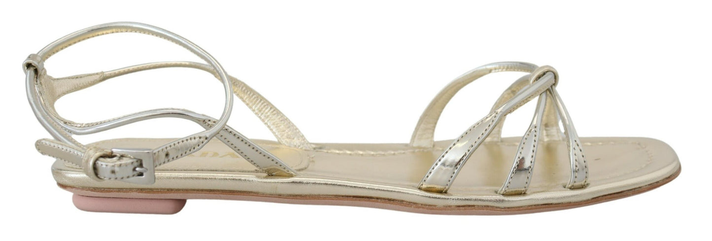 Prada Metallic Silver Leather Sandals Ankle Strap Flats Shoes