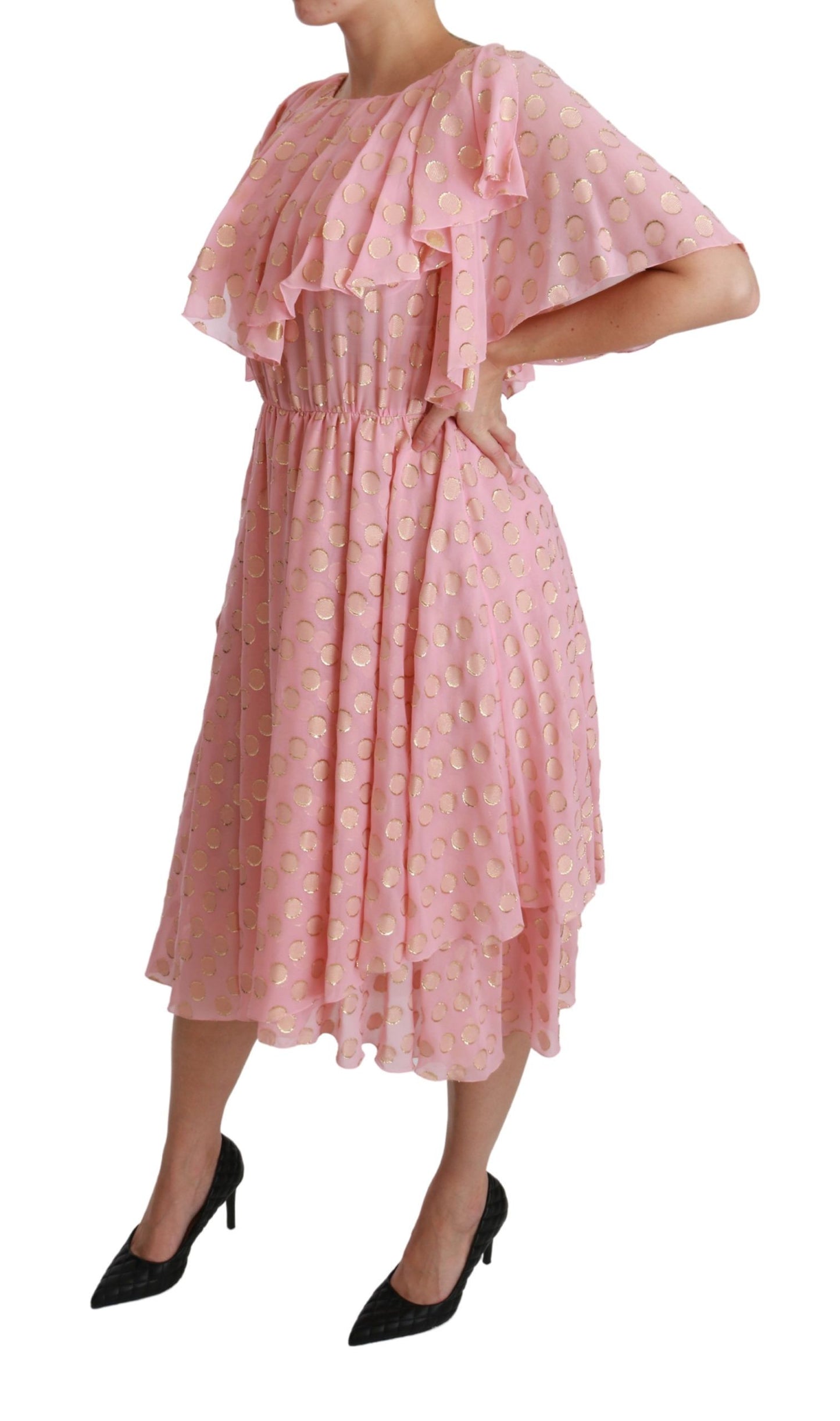 Dolce & Gabbana Silk Pink Polka Dots Pleated A-line Midi Dress