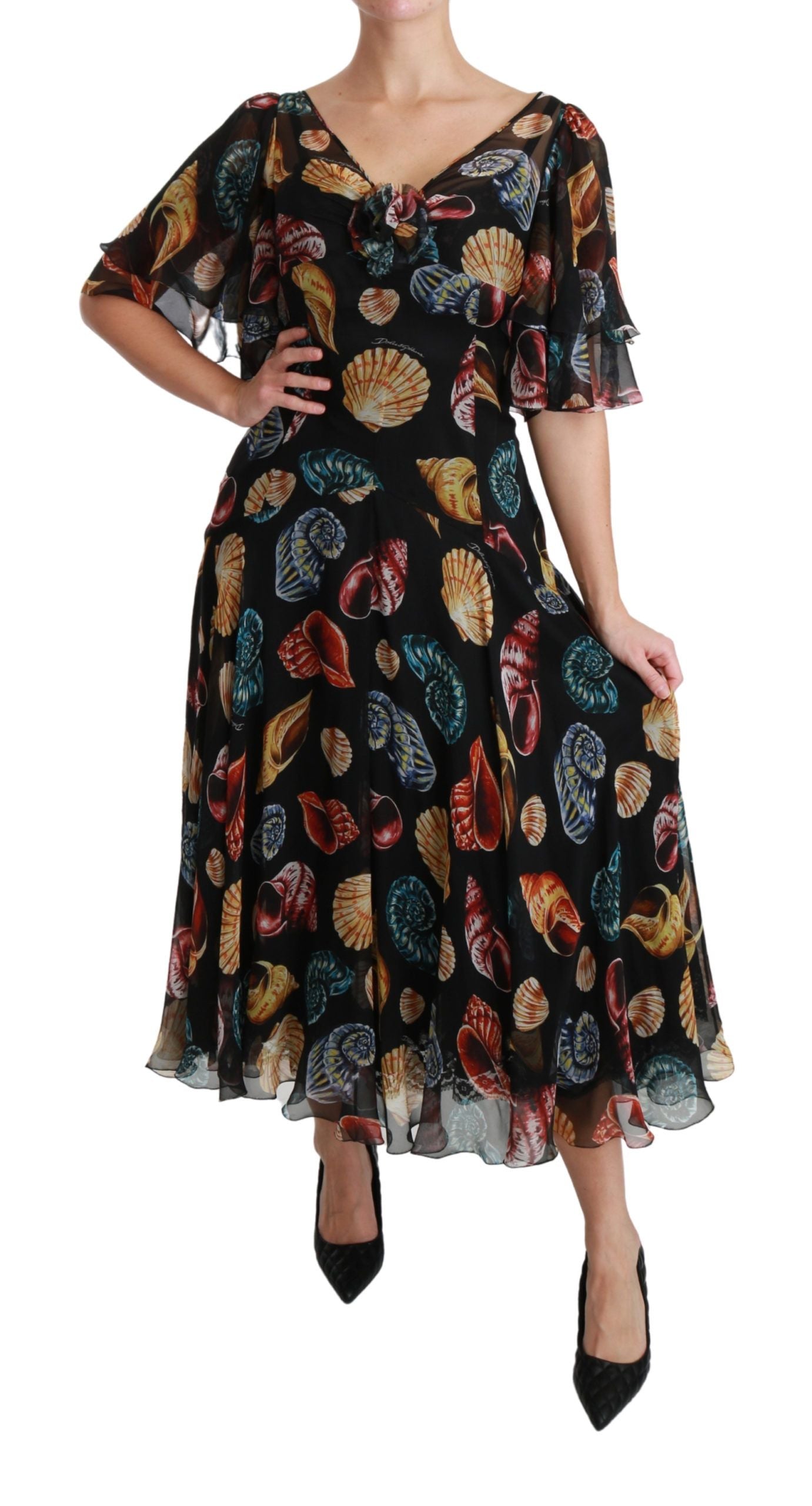 Dolce & Gabbana Black Sea Shells Maxi A-line Midi Silk Dress