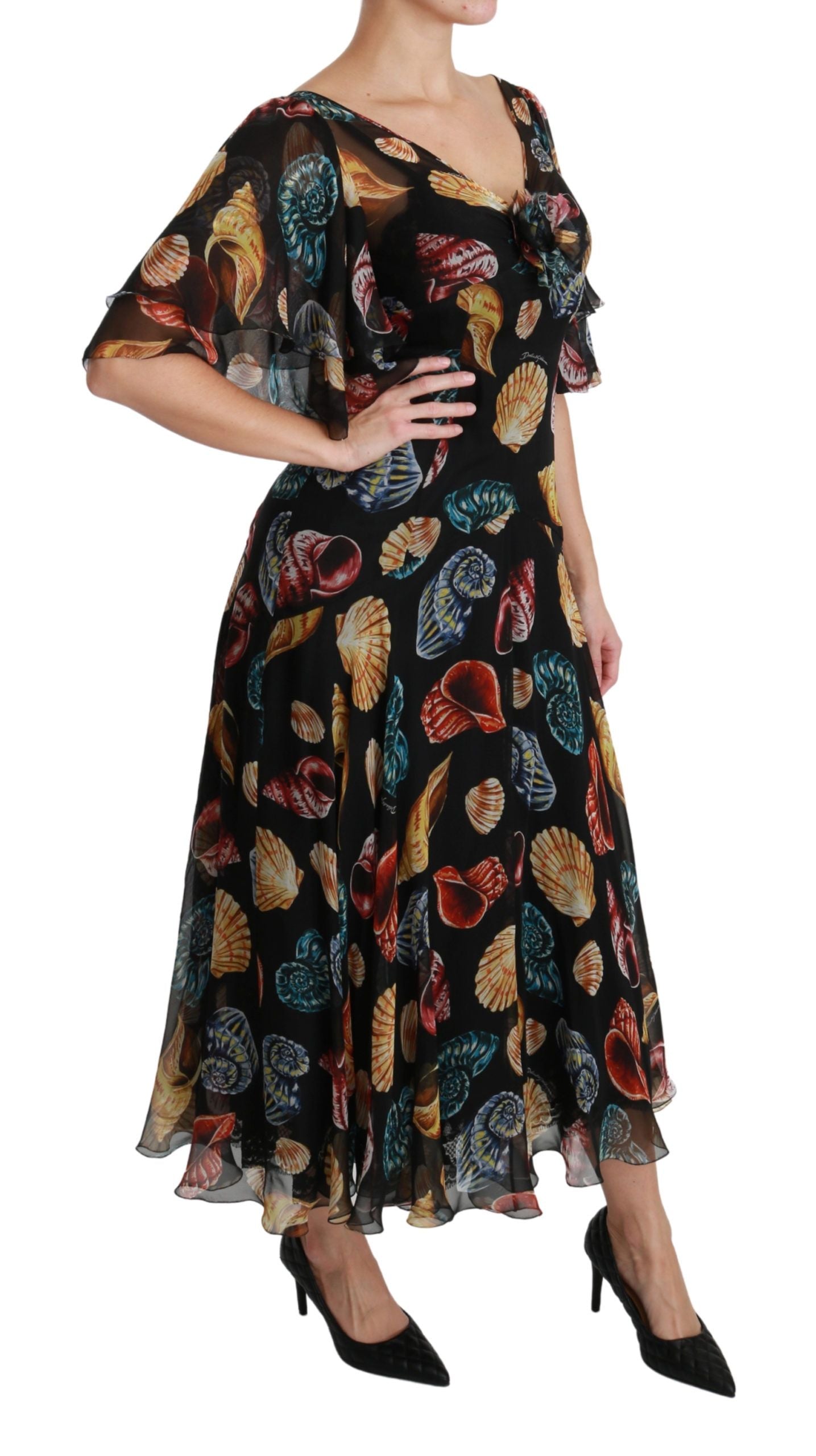 Dolce & Gabbana Black Sea Shells Maxi A-line Midi Silk Dress