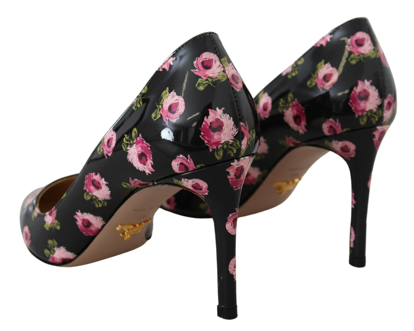 Prada Black Leather Floral Heels Stilettos Pumps