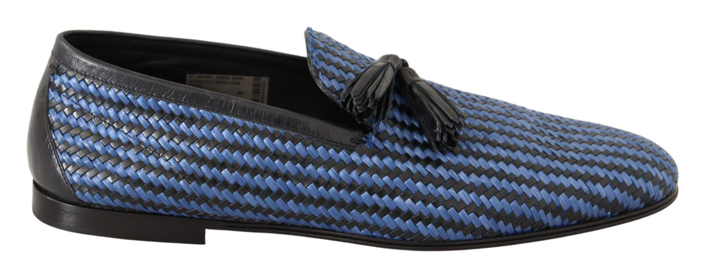 Dolce & Gabbana Blue Woven Leather Tassel Loafers Shoes