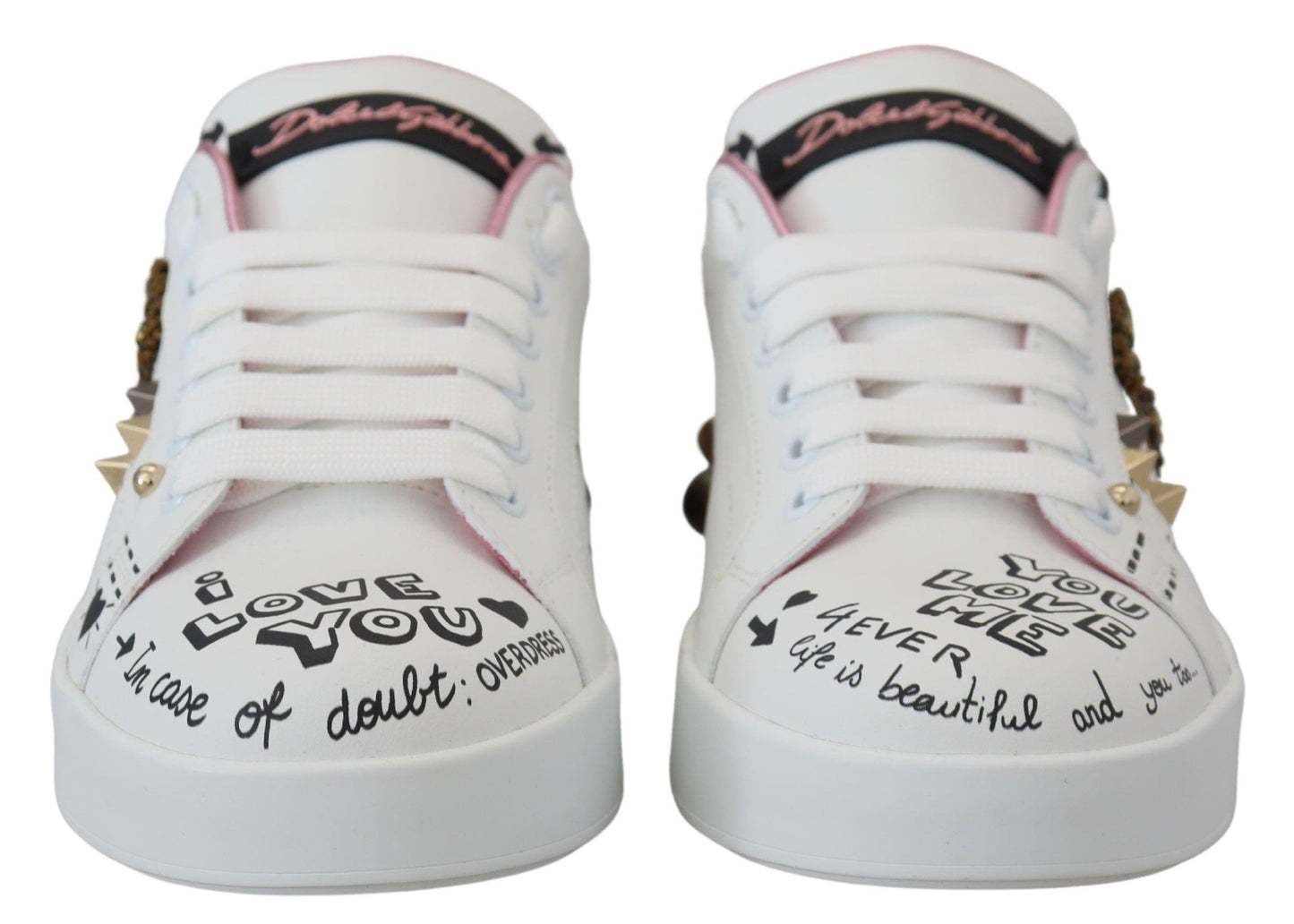 Dolce & Gabbana White Leather Crystal Queen Crown Sneakers Shoes