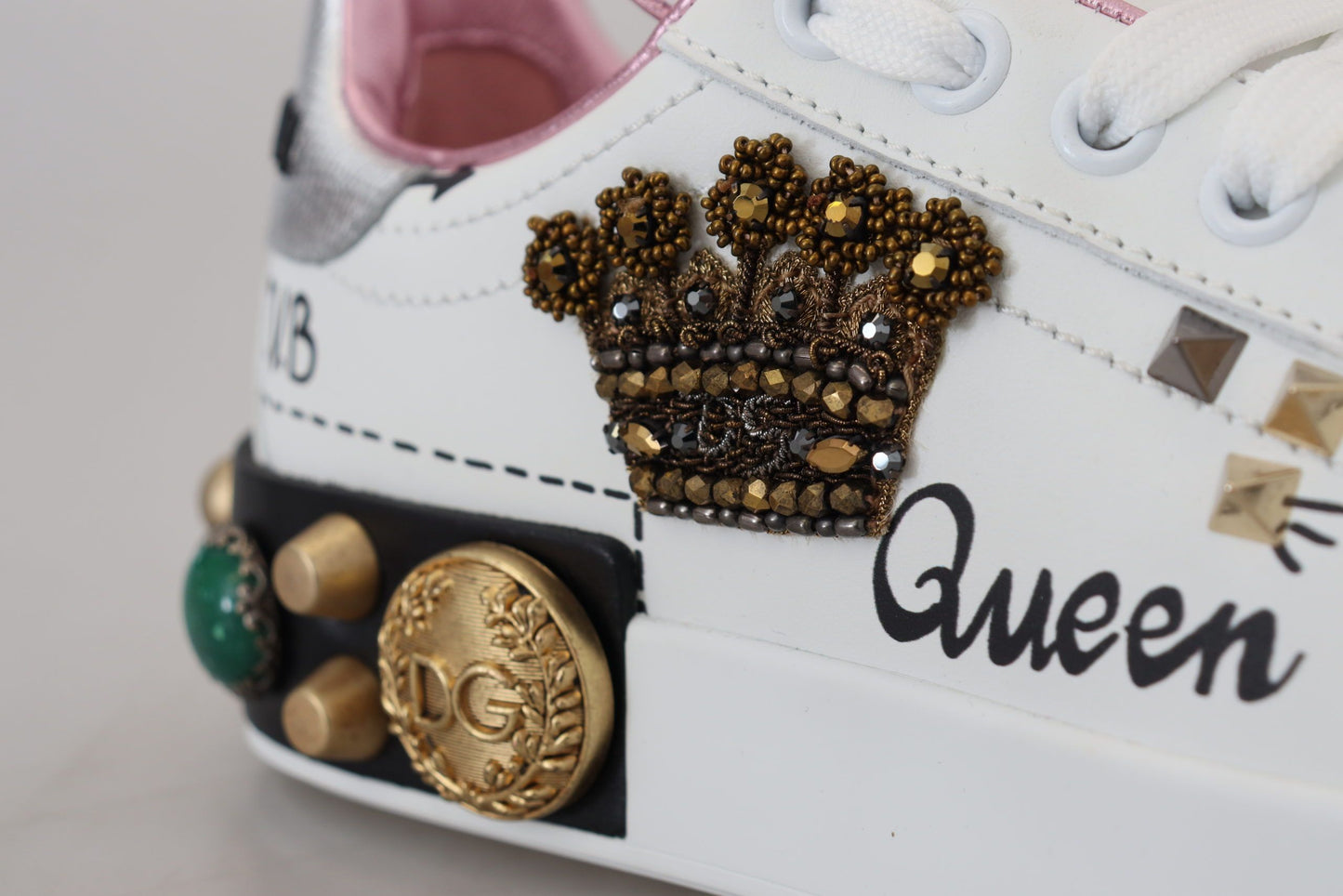 Dolce & Gabbana White Leather Crystal Queen Crown Sneakers Shoes