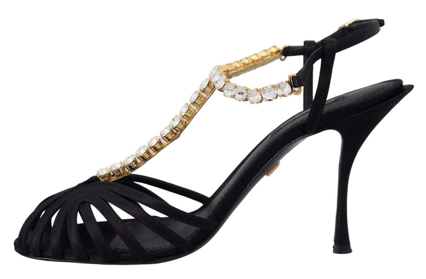 Dolce & Gabbana Black Satin Clear Crystal T-strap Sandal Shoes