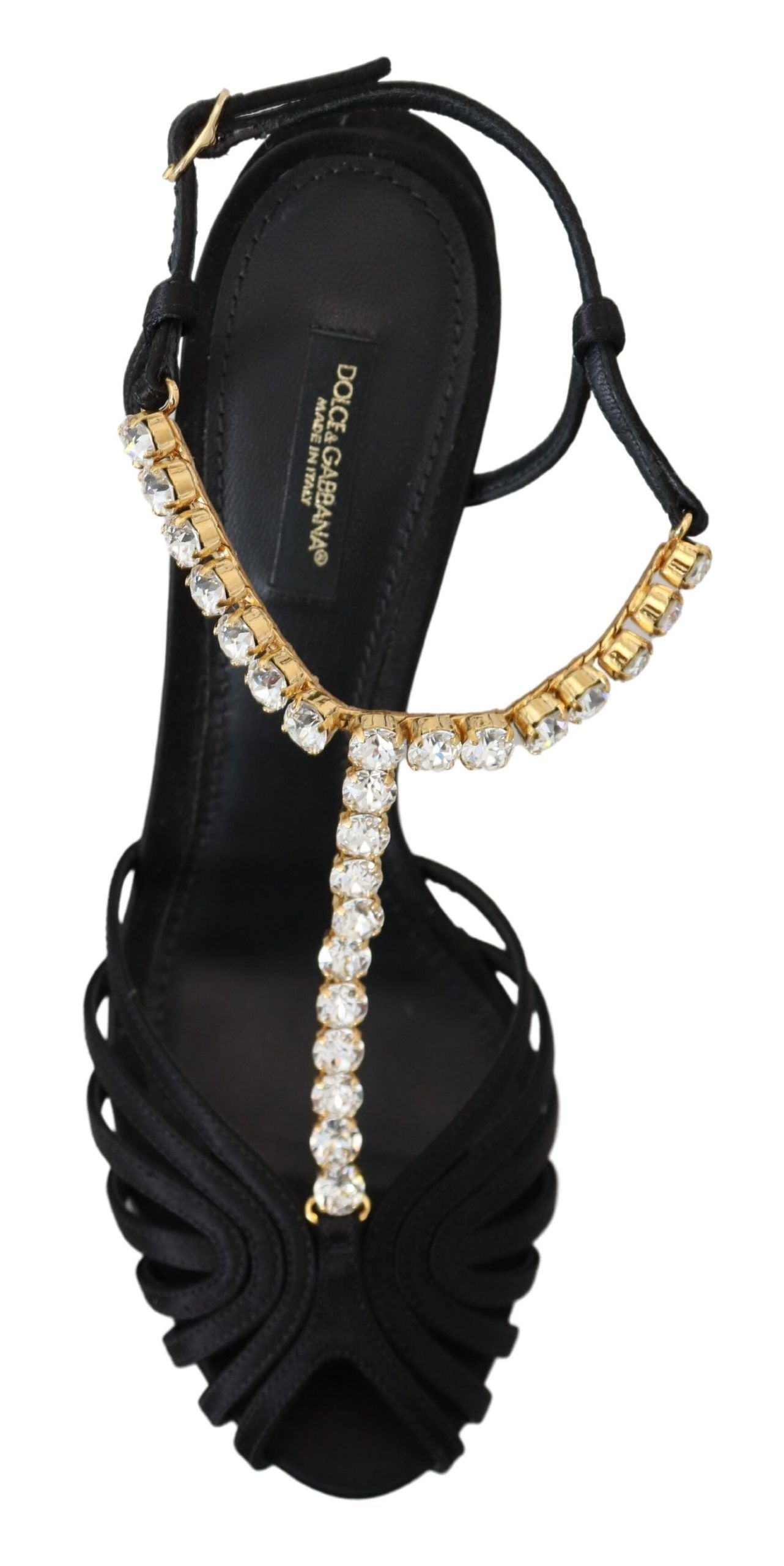 Dolce & Gabbana Black Satin Clear Crystal T-strap Sandal Shoes