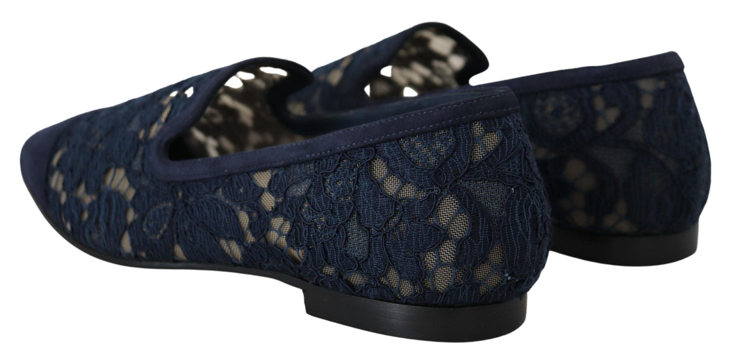 Dolce & Gabbana Blue Floral Lace Slip Ons Loafers Flats Shoes