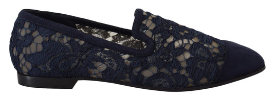 Dolce & Gabbana Blue Floral Lace Slip Ons Loafers Flats Shoes