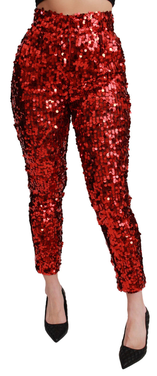 Dolce & Gabbana Red Sequined Cropped Trousers Pants