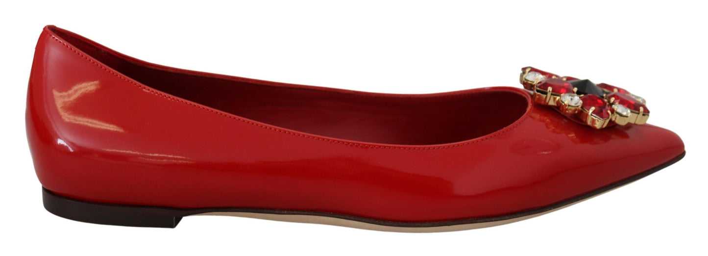 Dolce & Gabbana Red Leather Crystals Loafers Flats Shoes