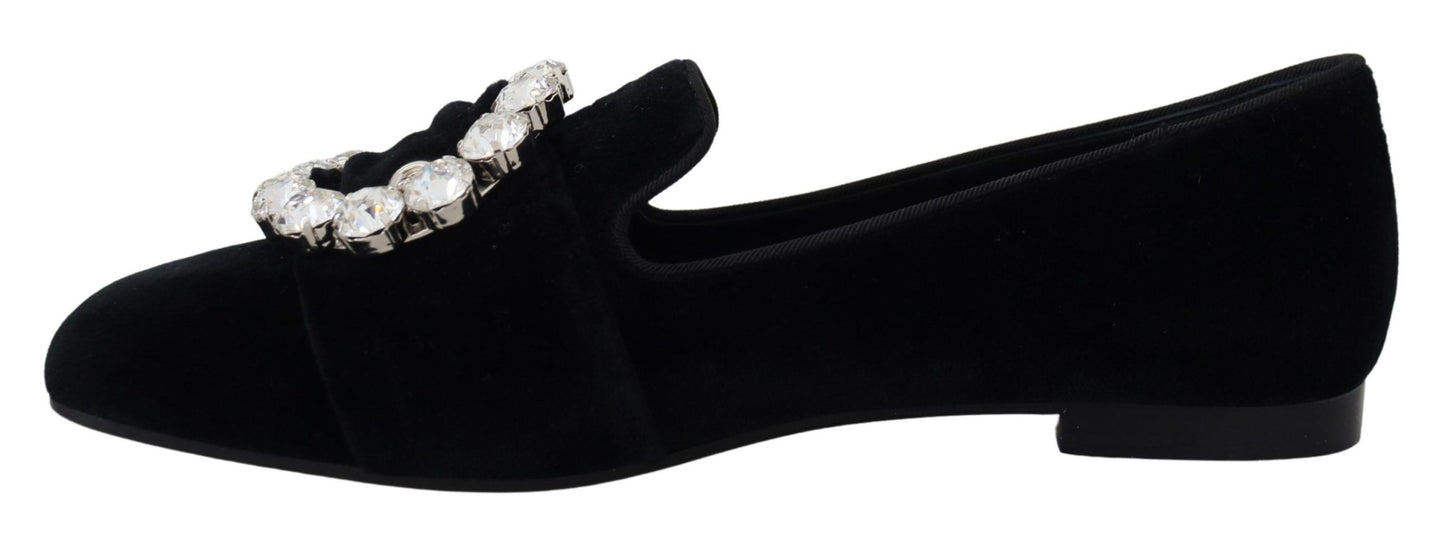 Dolce & Gabbana Black Velvet Crystals Loafers Flats Shoes