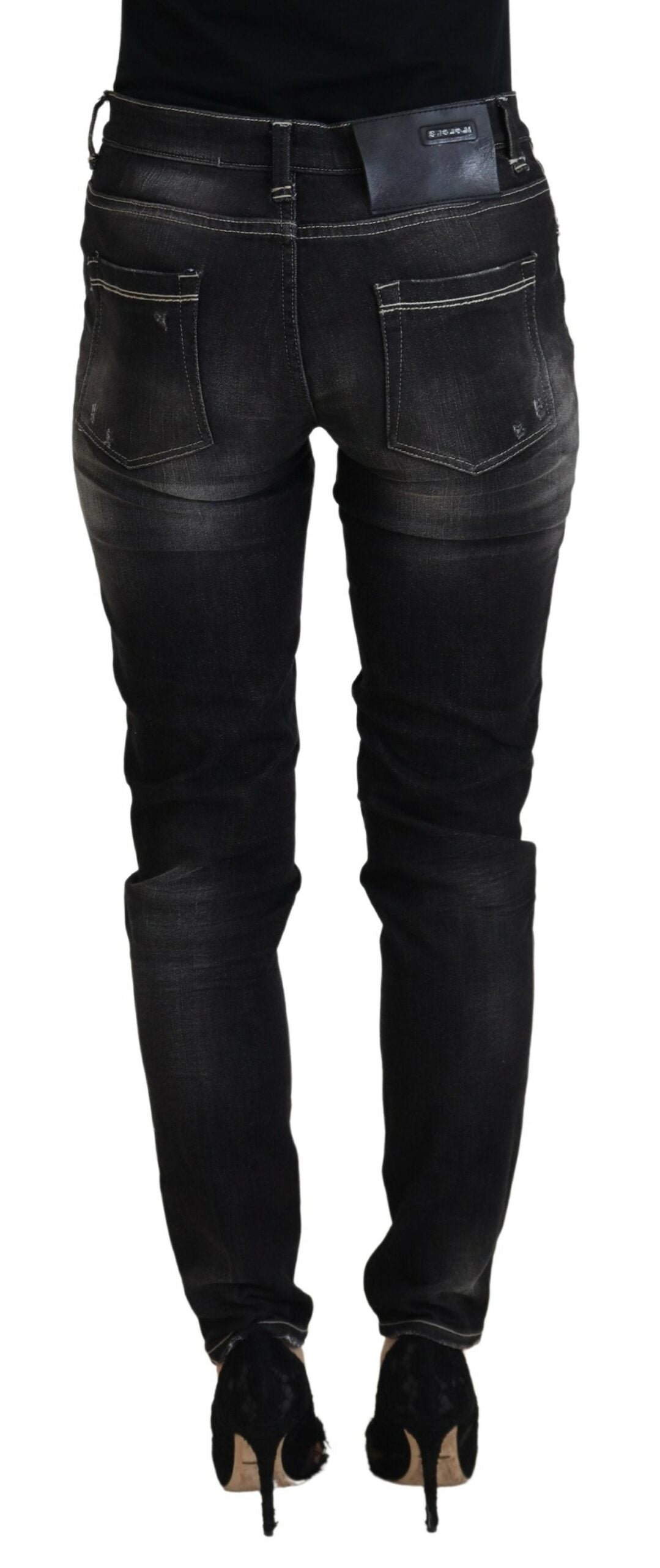 Acht Black Washed Mid Waist Tapered Women Casual Denim Jeans