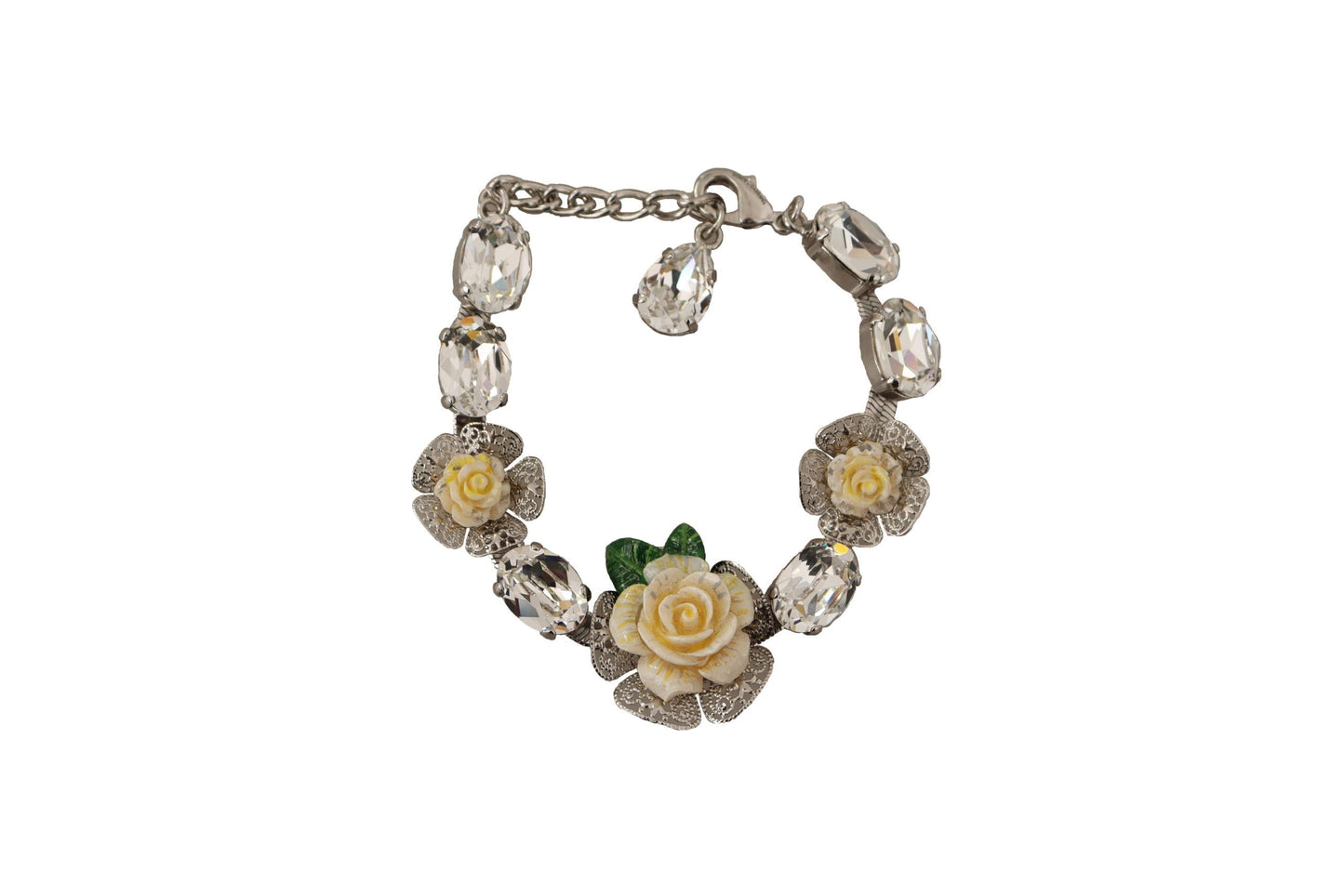 Dolce & Gabbana Silver Brass Chain Clear Crystal Floral Bracelet