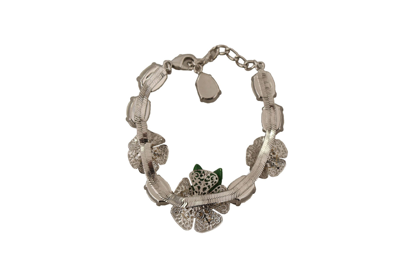 Dolce & Gabbana Silver Brass Chain Clear Crystal Floral Bracelet