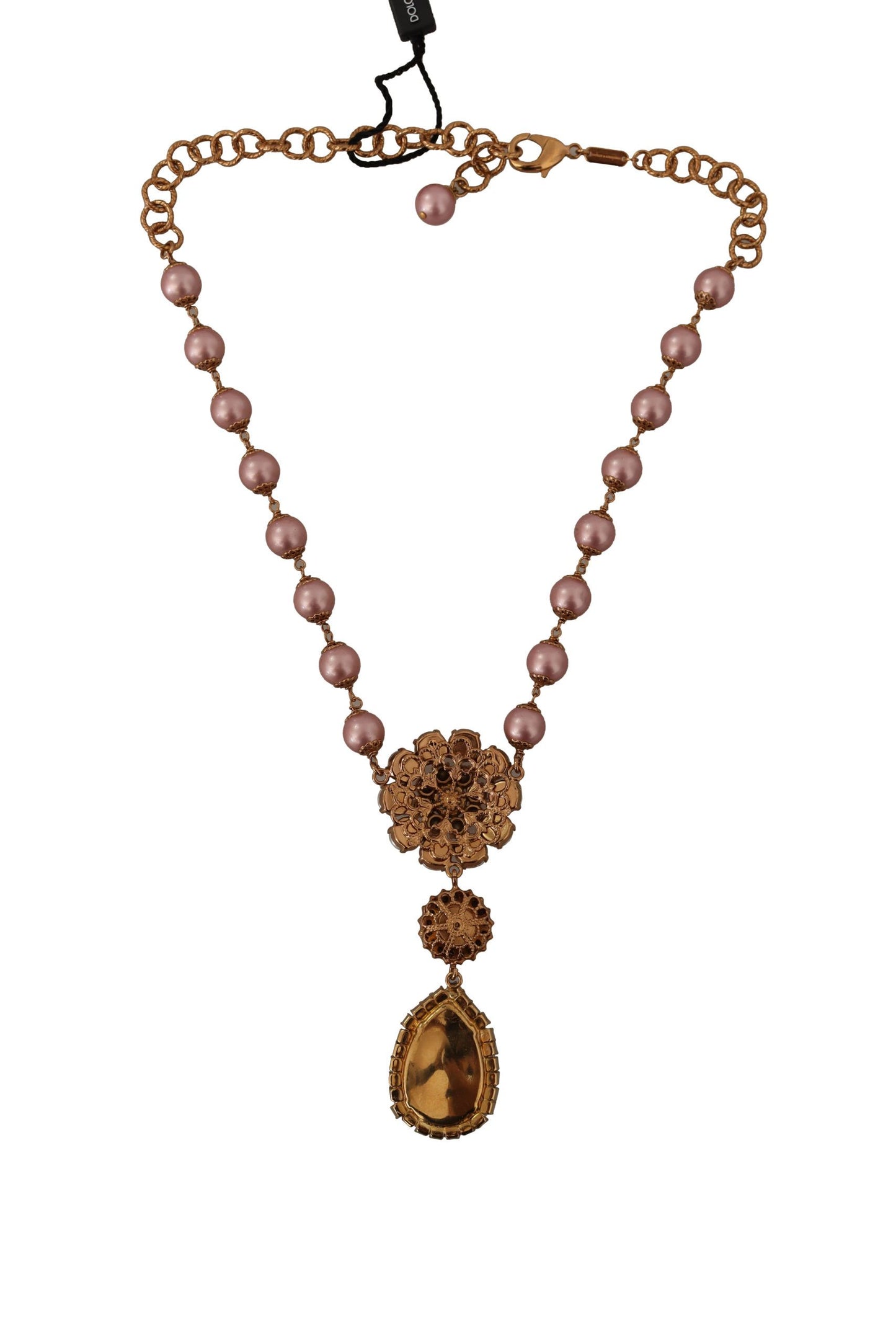 Dolce & Gabbana Gold Tone Brass Pink Beaded Pearls Crystal Pendant Necklace