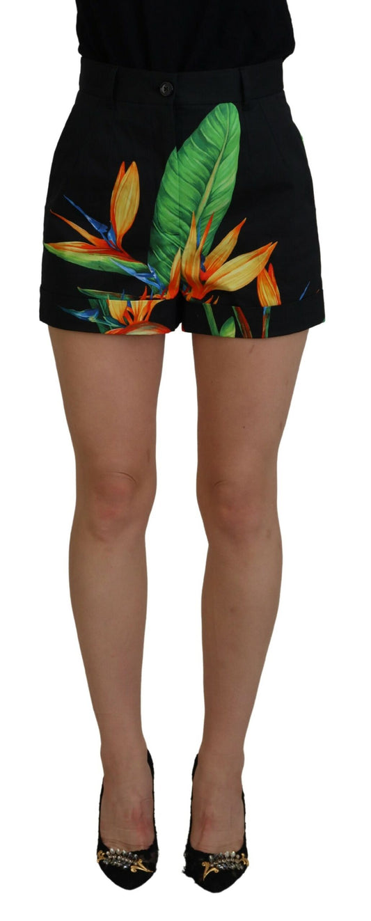 Dolce & Gabbana Black Leaves Print High Waist Hot Pants Shorts