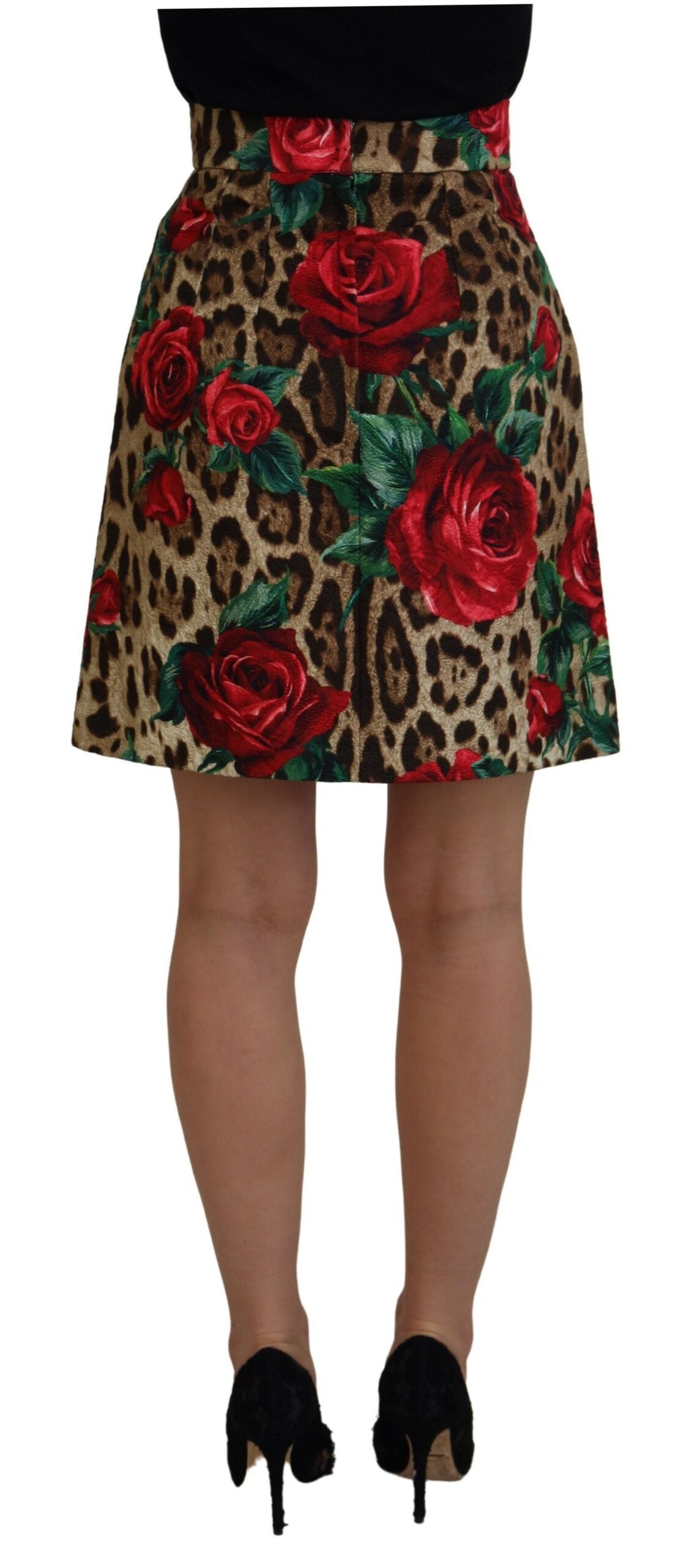 Dolce & Gabbana Brown Cotton Leopard Rose Print Mini Skirt