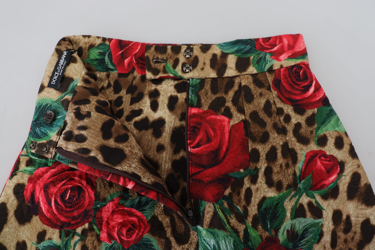 Dolce & Gabbana Brown Cotton Leopard Rose Print Mini Skirt