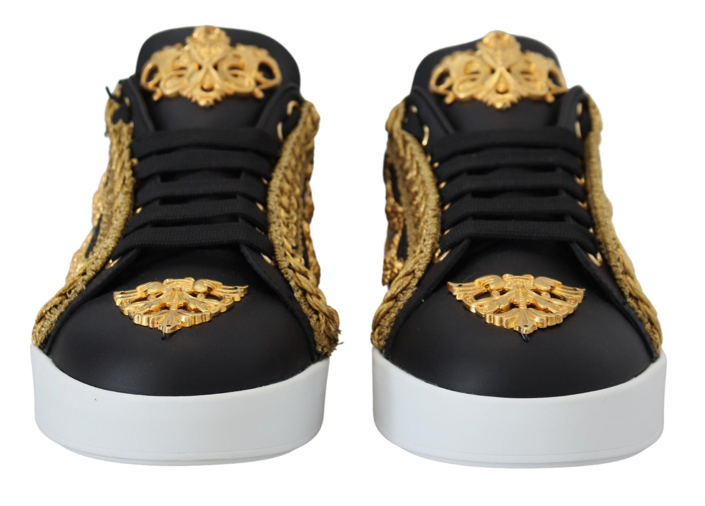 Dolce & Gabbana Black Gold Baroque Portofino Leather Sneakers Shoes