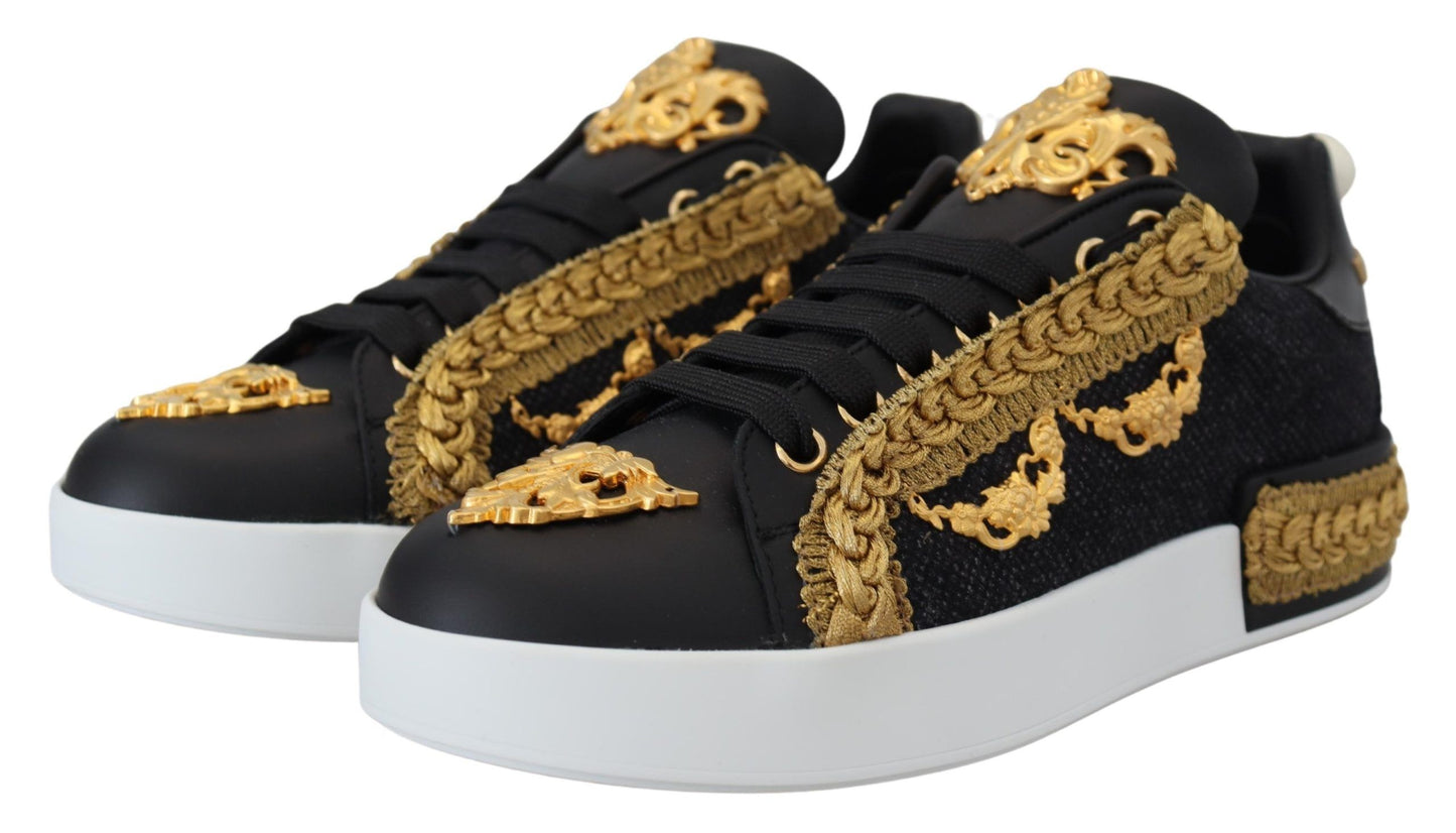 Dolce & Gabbana Black Gold Baroque Portofino Leather Sneakers Shoes