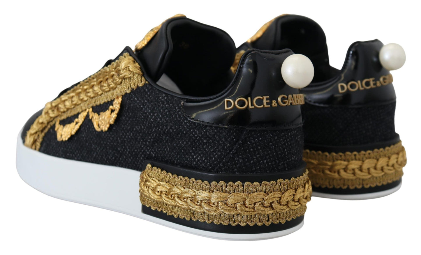 Dolce & Gabbana Black Gold Baroque Portofino Leather Sneakers Shoes