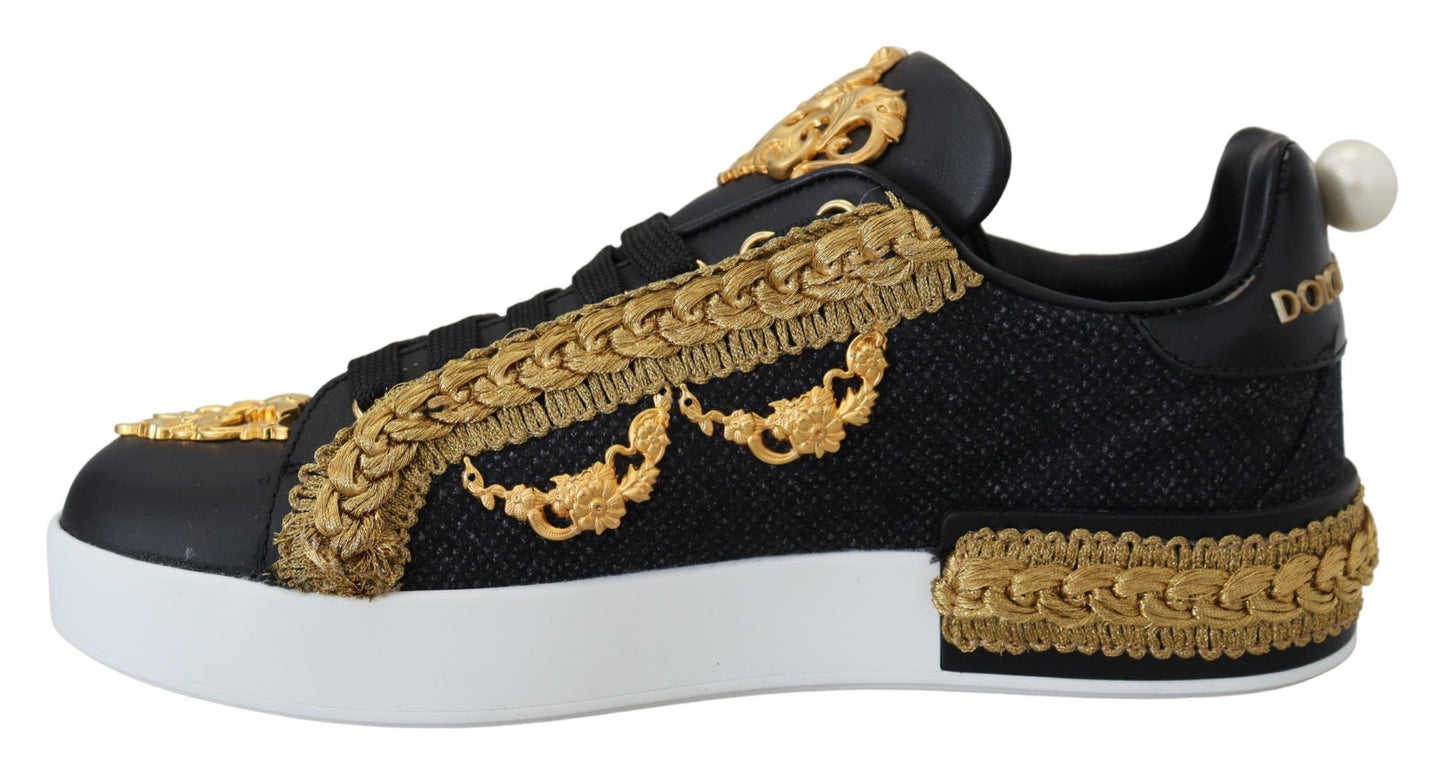 Dolce & Gabbana Black Gold Baroque Portofino Leather Sneakers Shoes