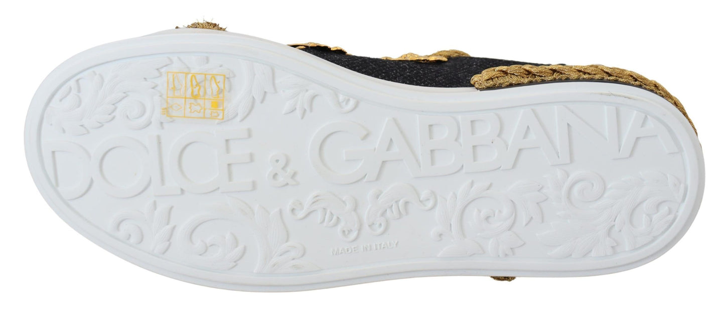 Dolce & Gabbana Black Gold Baroque Portofino Leather Sneakers Shoes