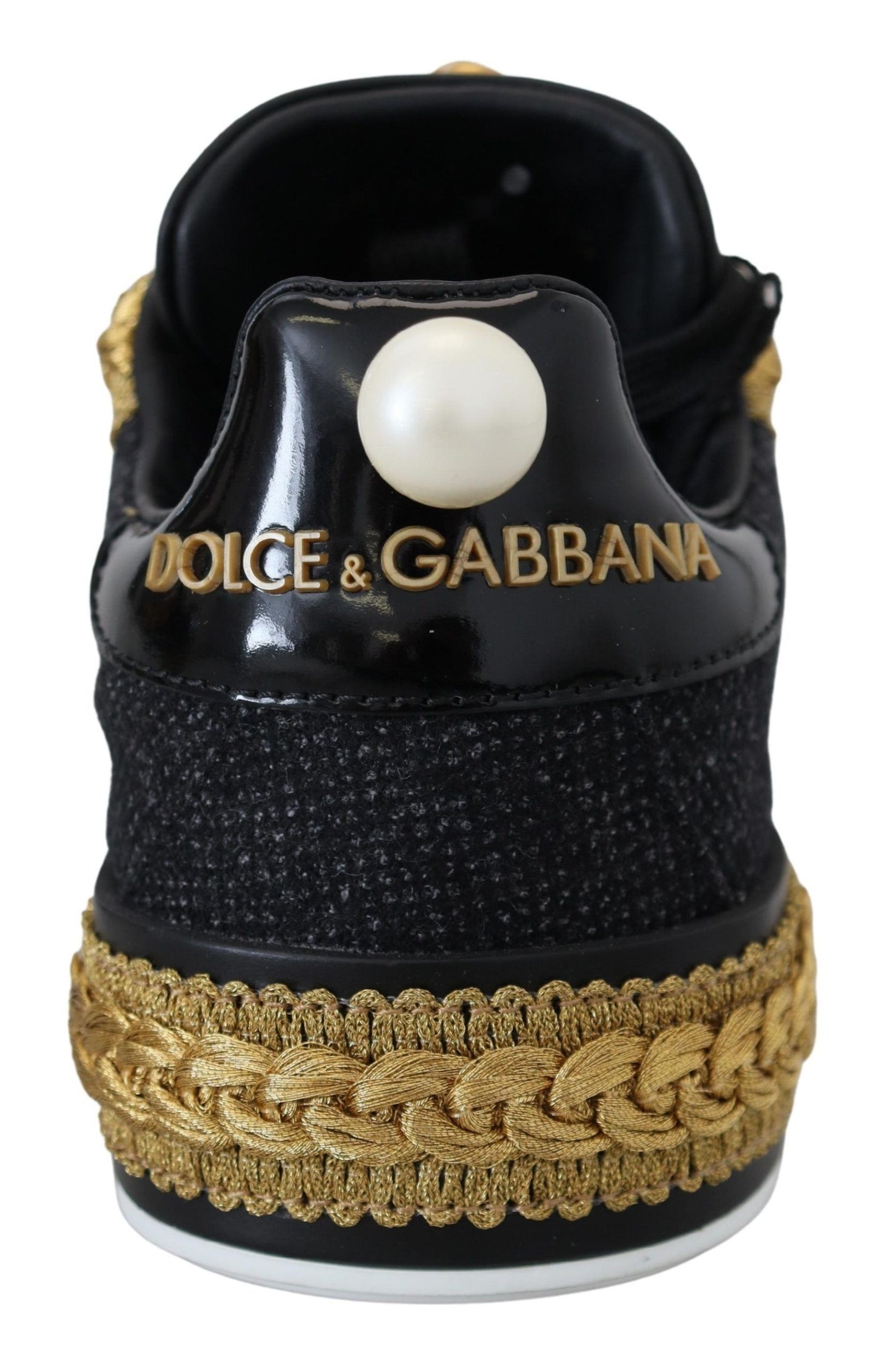 Dolce & Gabbana Black Gold Baroque Portofino Leather Sneakers Shoes