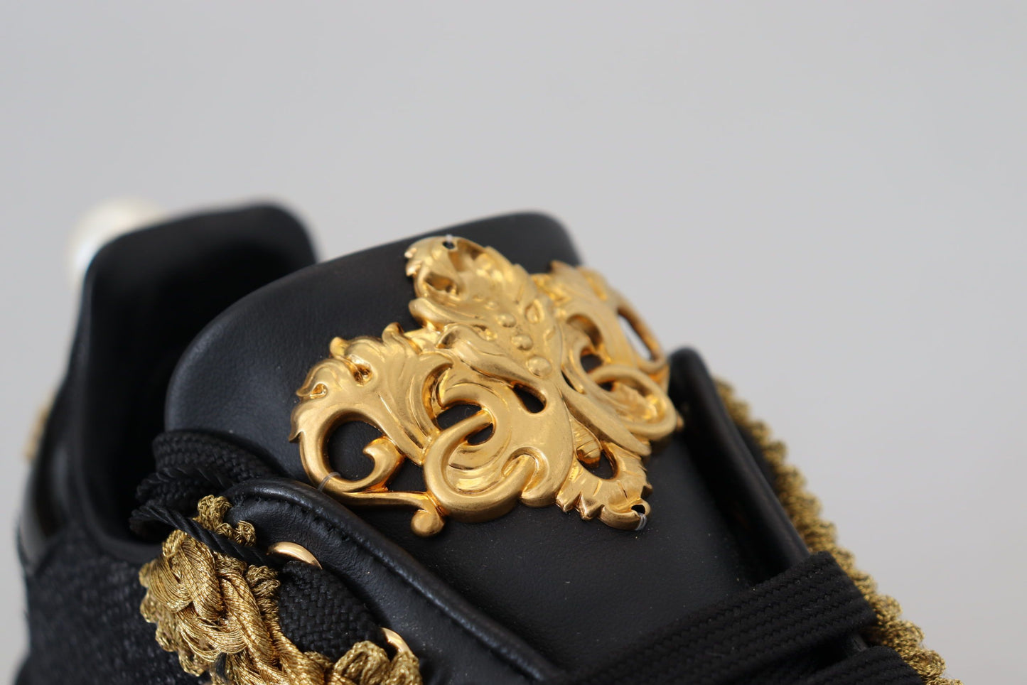 Dolce & Gabbana Black Gold Baroque Portofino Leather Sneakers Shoes