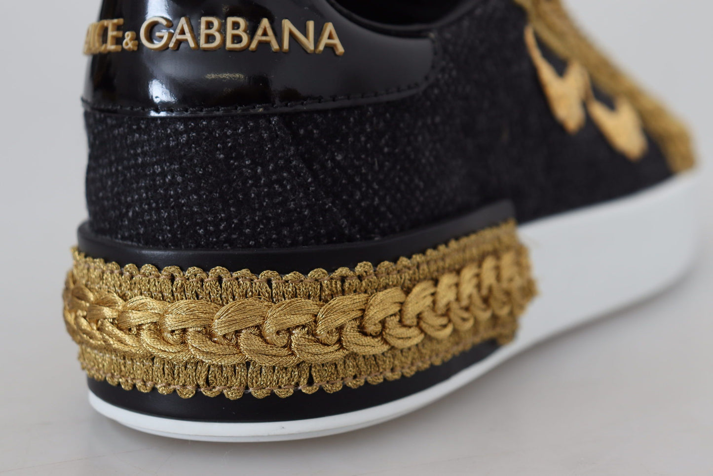 Dolce & Gabbana Black Gold Baroque Portofino Leather Sneakers Shoes