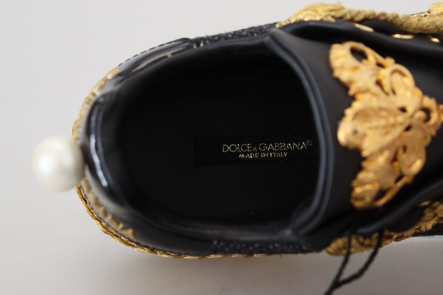 Dolce & Gabbana Black Gold Baroque Portofino Leather Sneakers Shoes