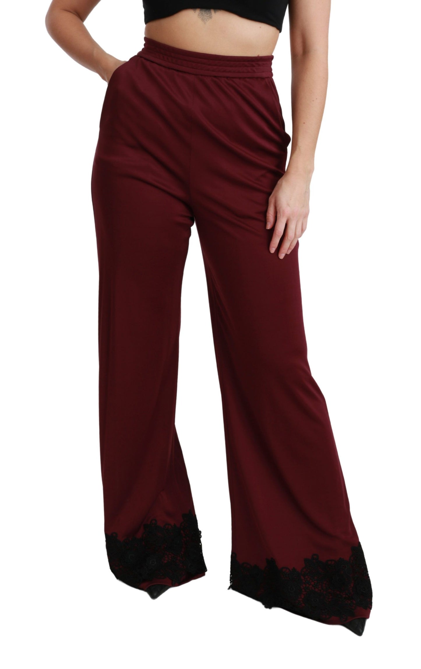 Dolce & Gabbana Black Lace High Waist Wide Leg Maroon  Pants