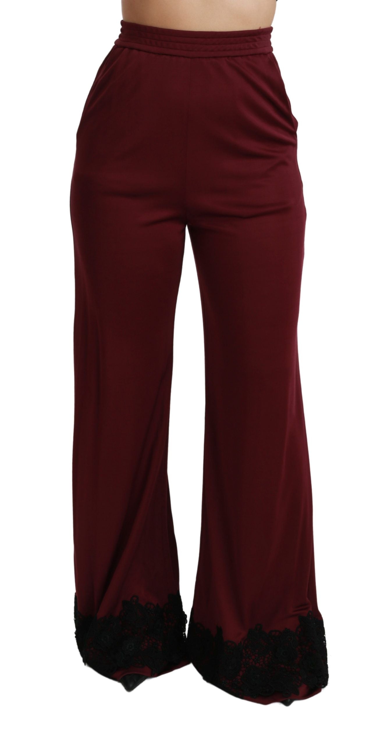 Dolce & Gabbana Black Lace High Waist Wide Leg Maroon  Pants