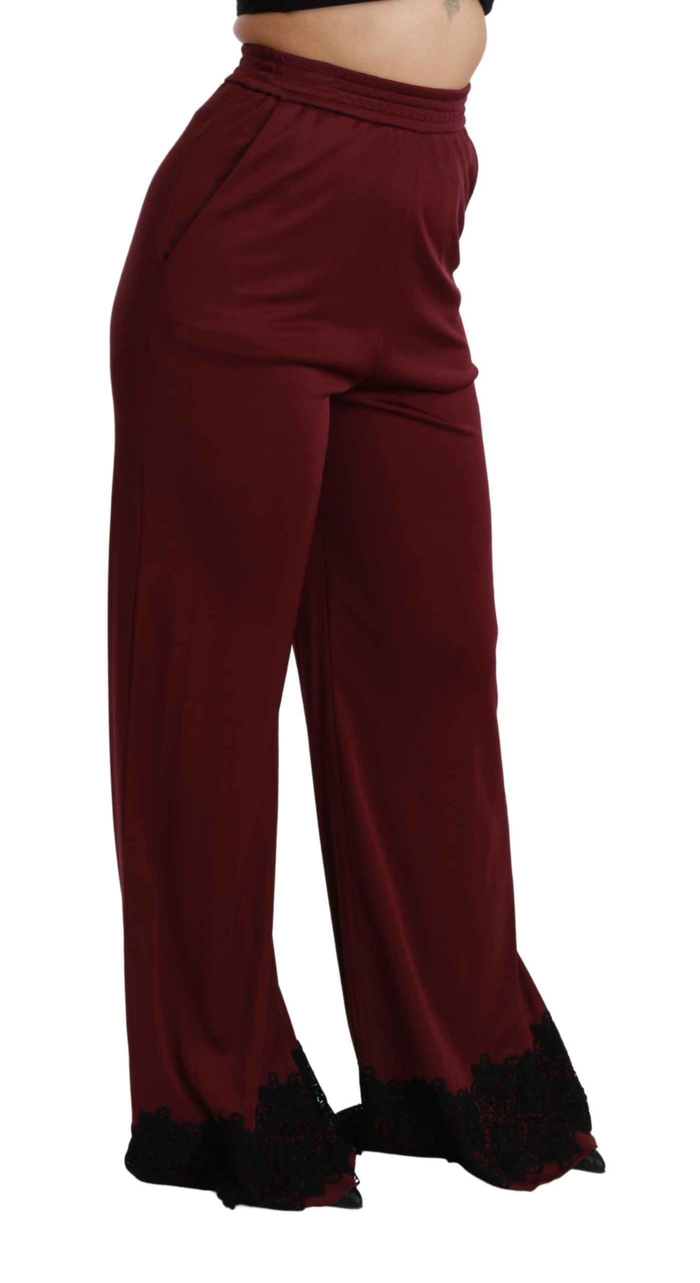 Dolce & Gabbana Black Lace High Waist Wide Leg Maroon  Pants