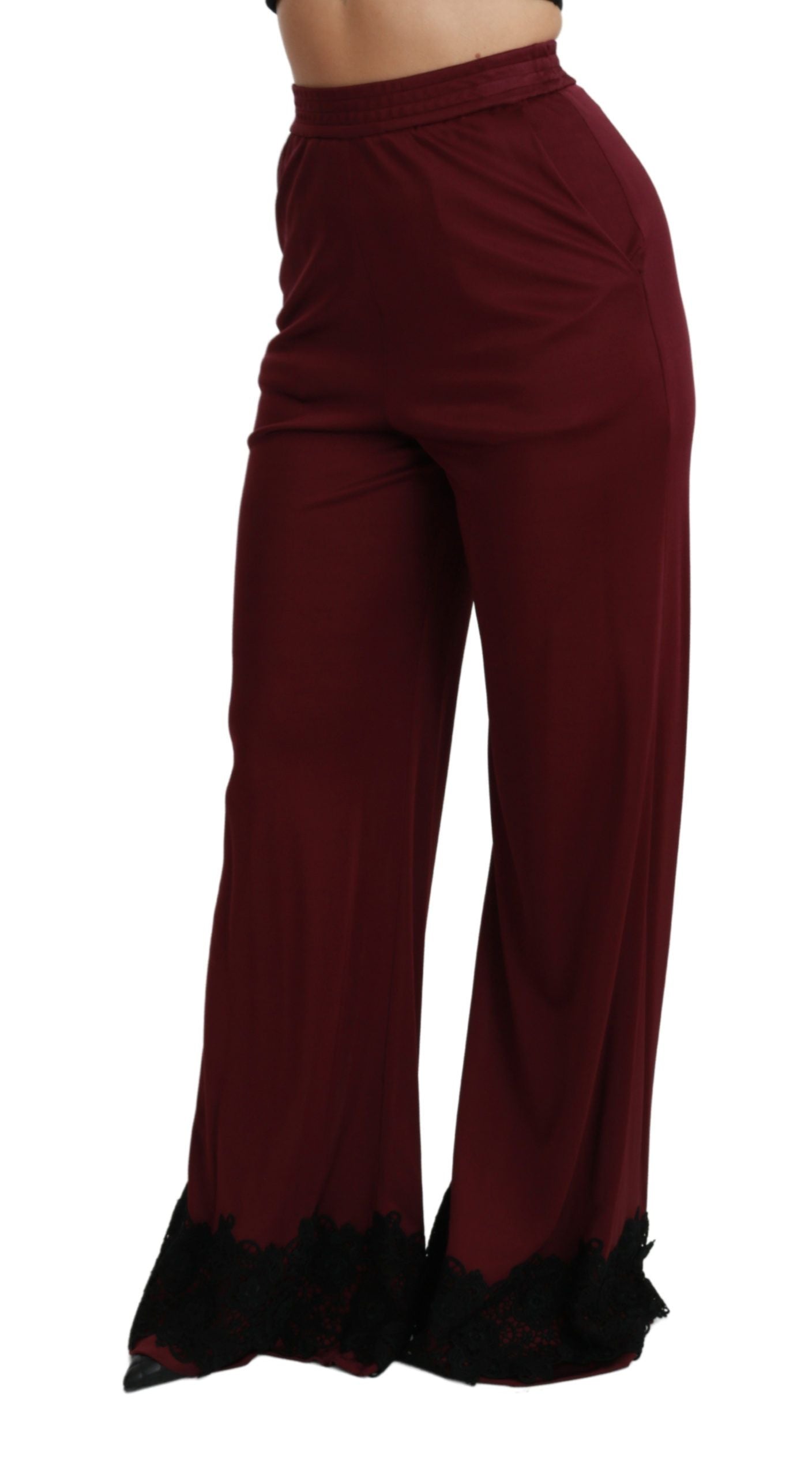 Dolce & Gabbana Black Lace High Waist Wide Leg Maroon  Pants