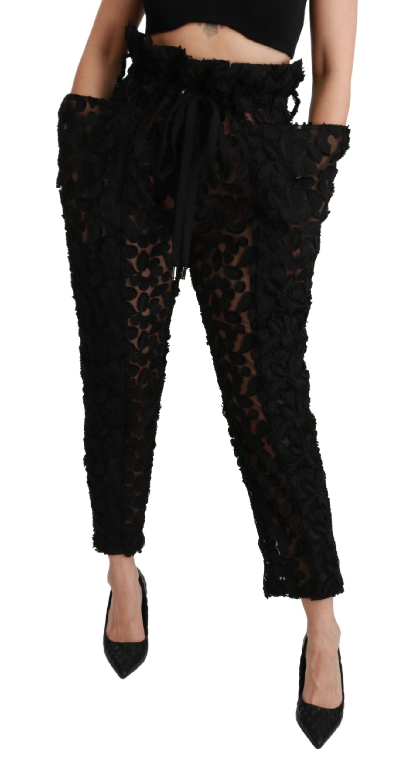 Dolce & Gabbana Black Floral Lace Tapered High Waist Pants